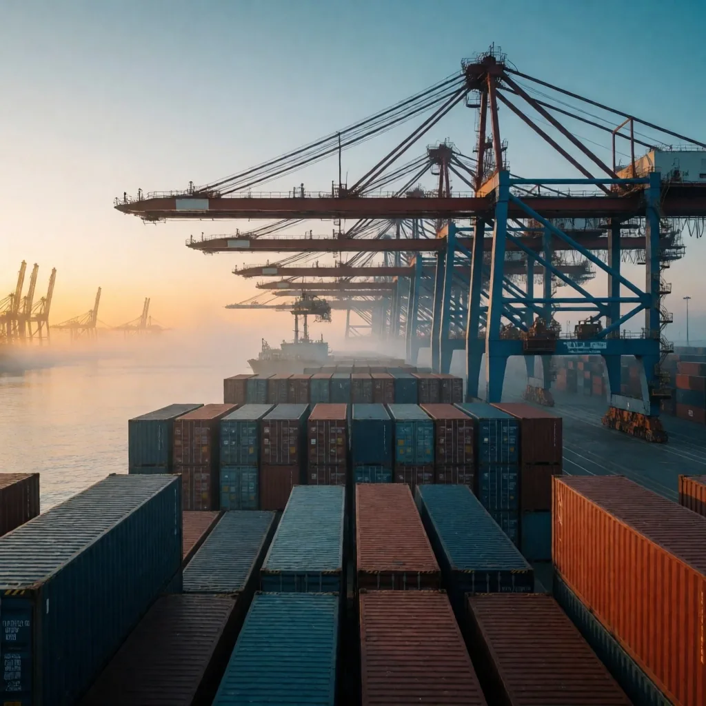 Terminal de contenedores al amanecer con grúas en silueta